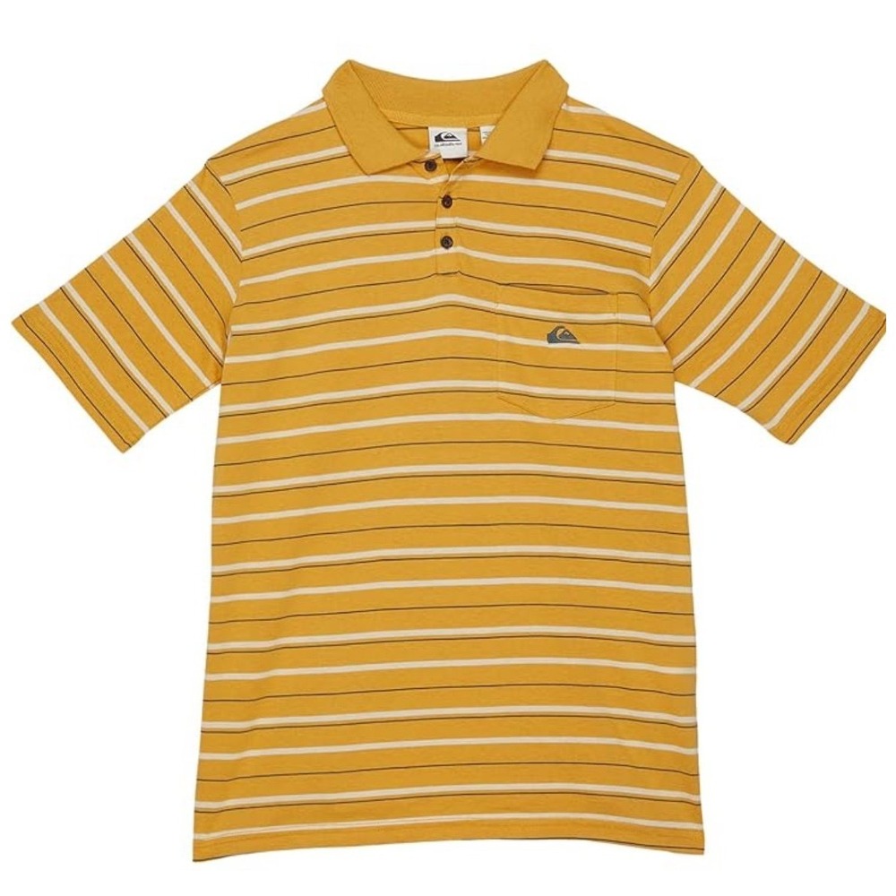 Quiksilver Boys Mustard Yellow Striped Short Sleeve Pocket Polo Shirt Size L-12